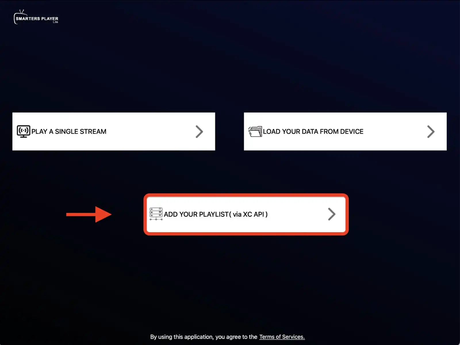 اختيار ADD YOUR PLAYLIST ( via XC API ) في IPTV Smarters على ويندوز